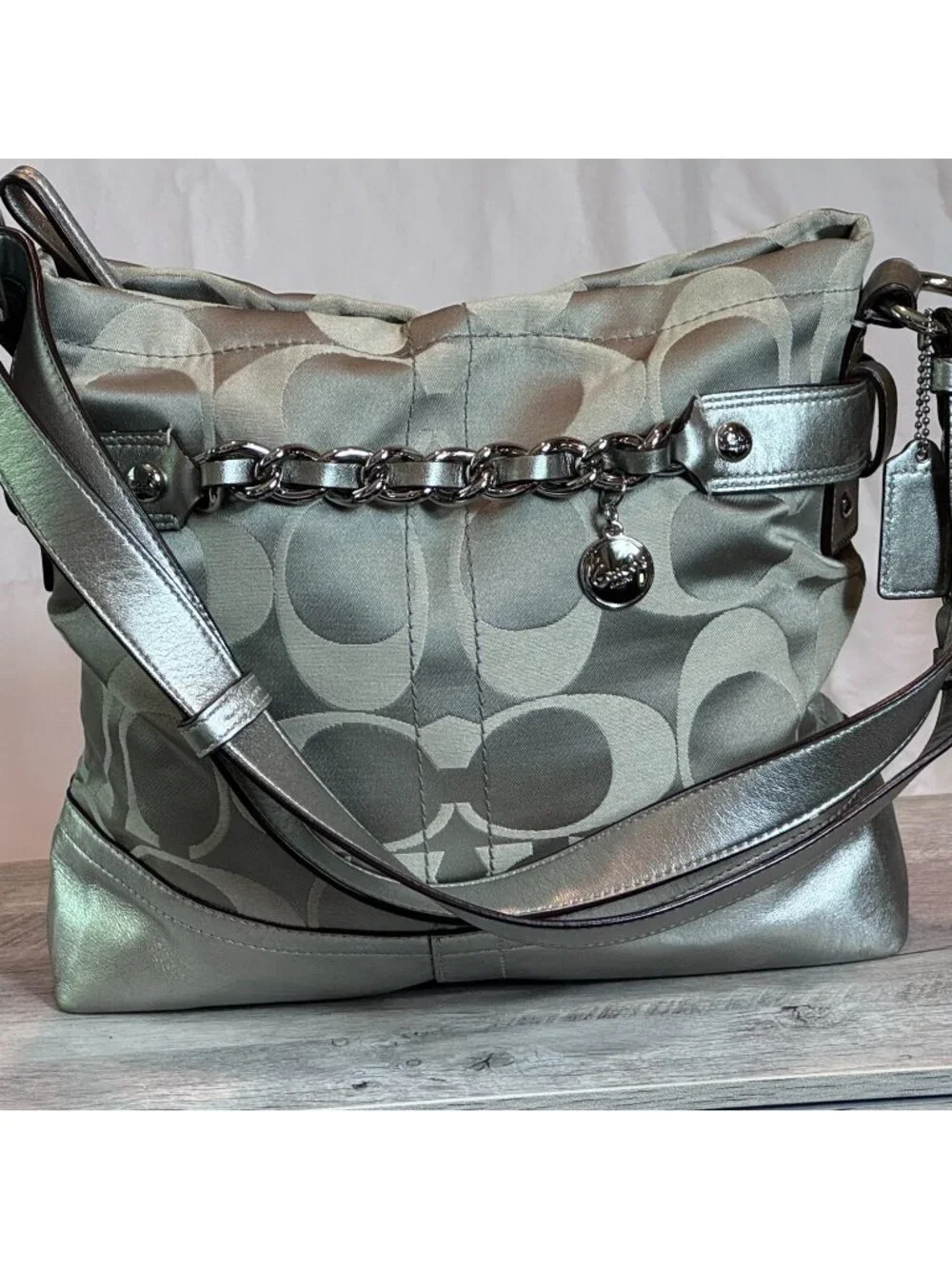 Coach Signature Jacquard Hobo Shoulder Bag Silver Metallic Trim Chain Accent